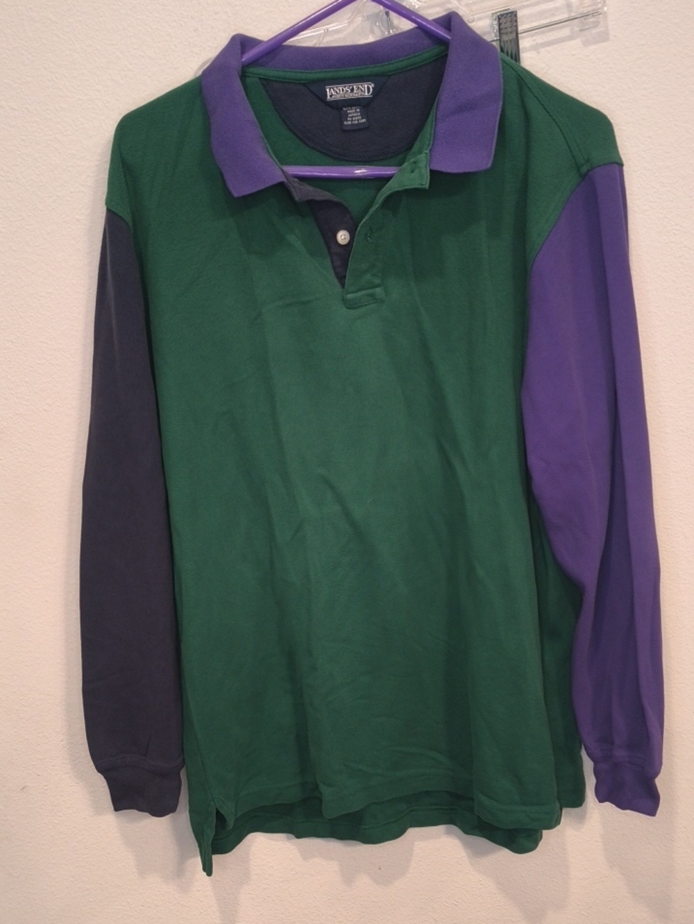 Lands' End Men's Green Polo with Purple and Navy Long Sleeves Large